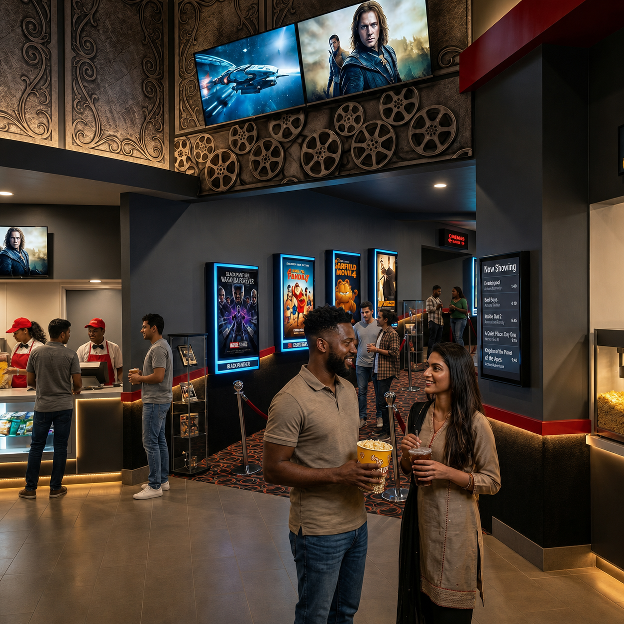 Cinema auditorium with red neon lighting and rows of velvet seats
