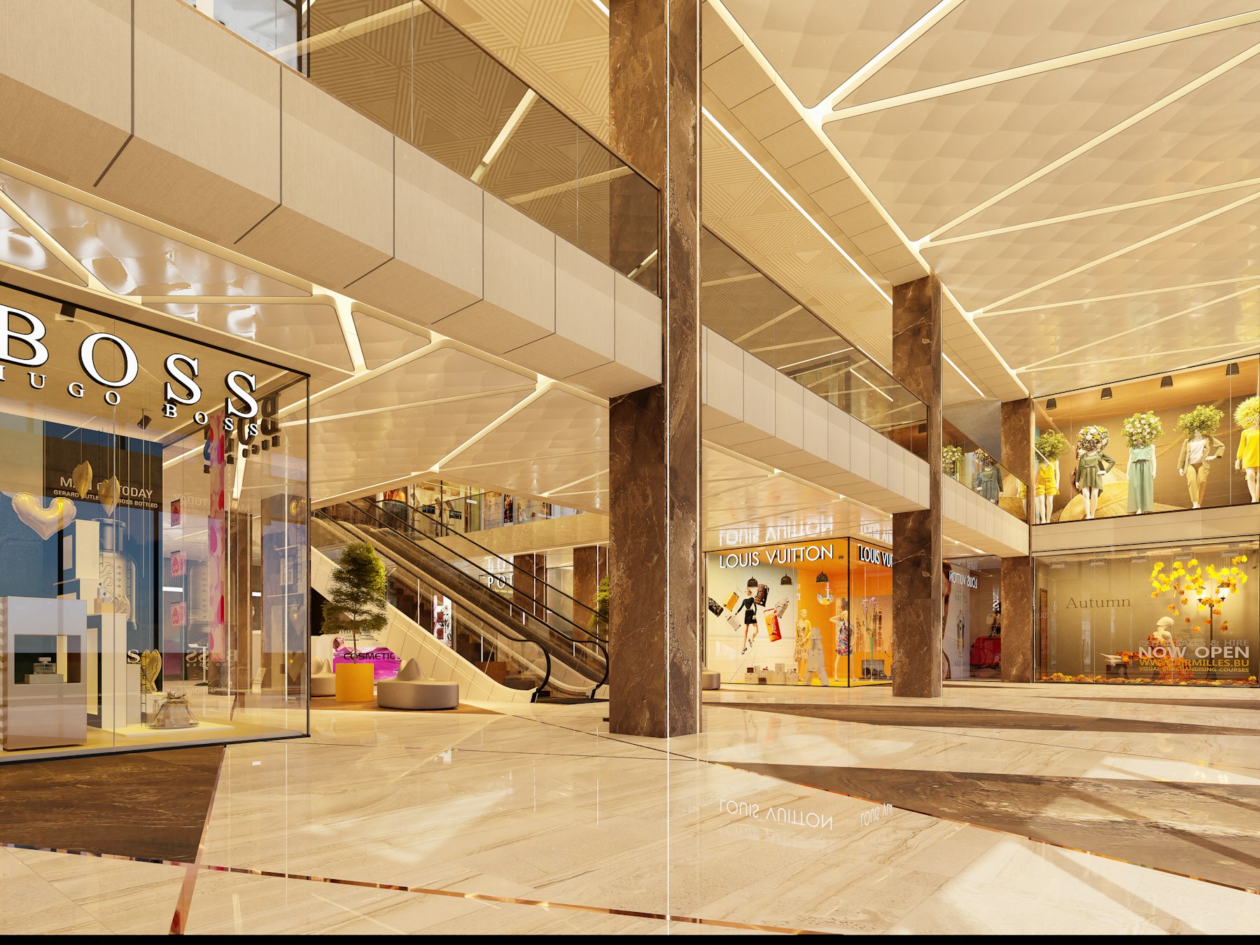 Bright luxury retail arcade with designer storefronts and escalators